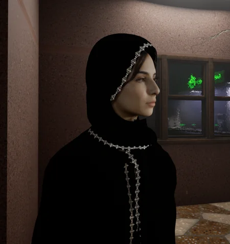 Character in an abaya, close