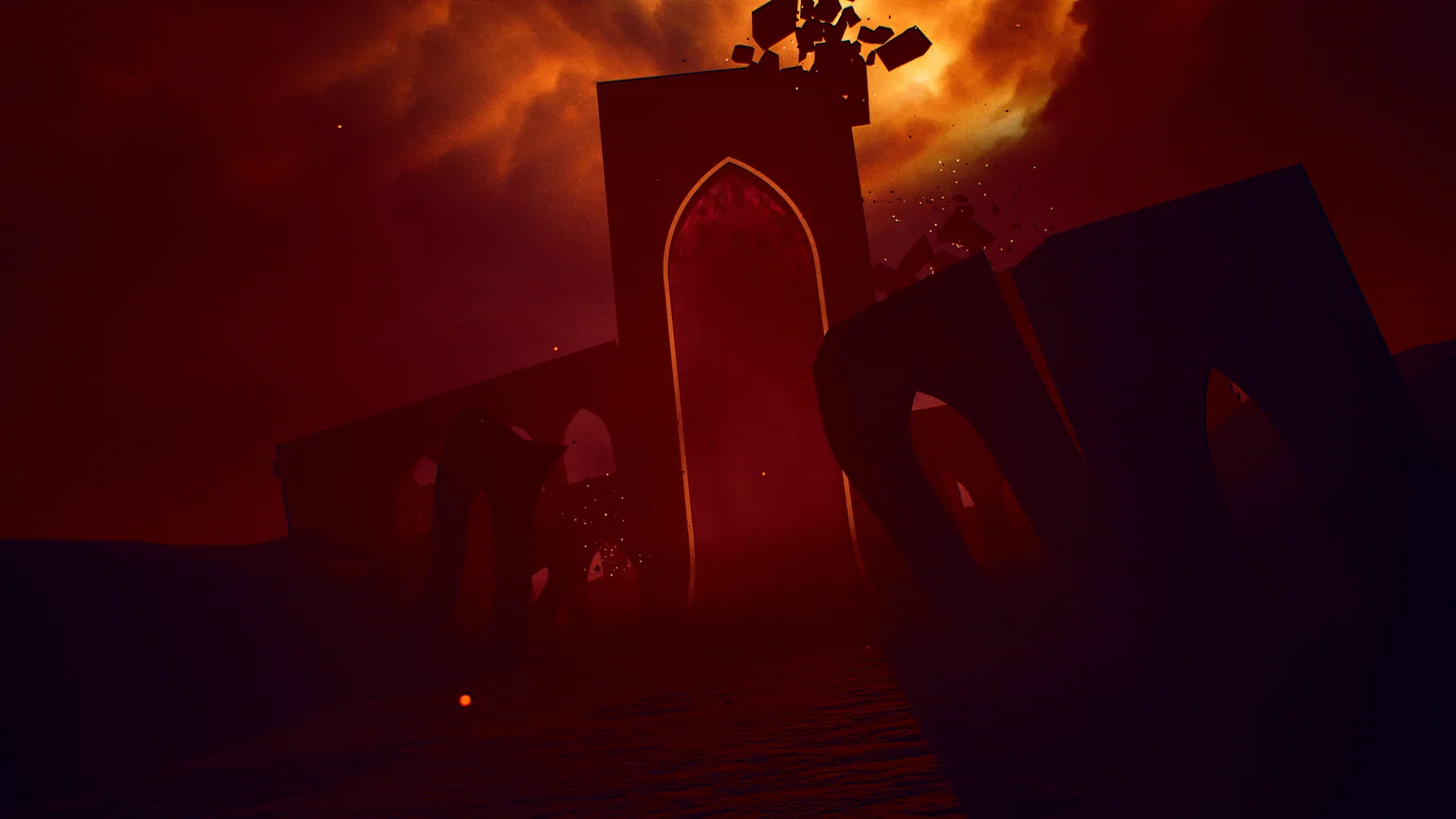 Environment art — ruined gate under a storm